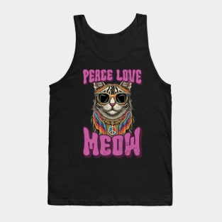 Peace Love Meow, Retro Groovy Style Hippie Cat Lover Design Tank Top